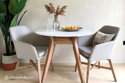 100cm Henley Porcelain Marble & Teak Round Dining Table with 2 Richmond Dining Armchairs
