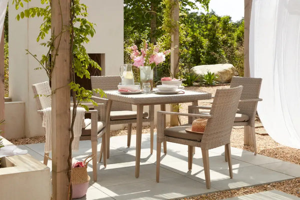 90cm Hampstead Stone Square Dining Table with 4 Stacking Armchairs