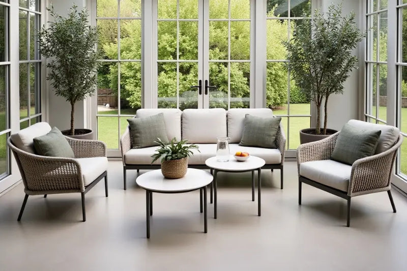 Bordeaux 3 Seater Sofa, Two Lounge Armchairs, 80cm Round Coffee Table & 66cm Round Coffee Table