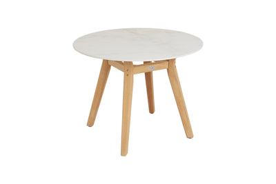 100cm Henley Porcelain Marble & Teak Round Dining Table with 2 Richmond Dining Armchairs