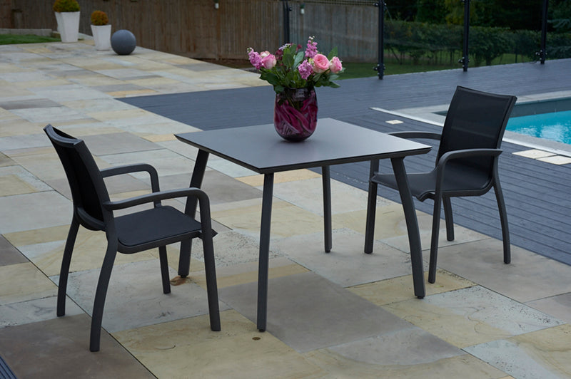 90cm Paris Volcano/Grey Square Dining Table with 2 Volcano/Black Stacking Armchairs