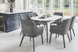 158cm Henley Porcelain Marble & Aluminium Oval Dining Table with 6 Cliveden Dining Armchairs