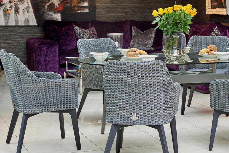 180cm Henley Glass & Aluminium Oval Dining Table with 6 Cliveden Dining Armchairs