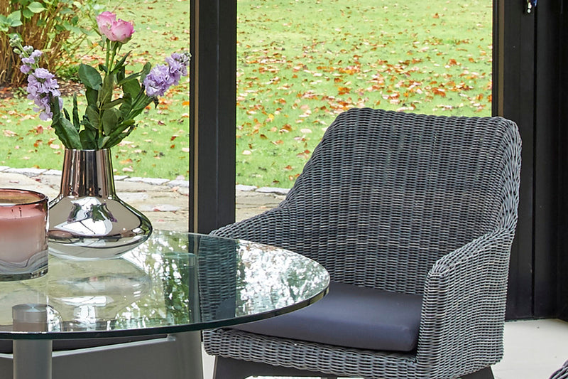 230cm Henley Glass & Aluminium Oval Dining Table with 8 Cliveden Dining Armchairs