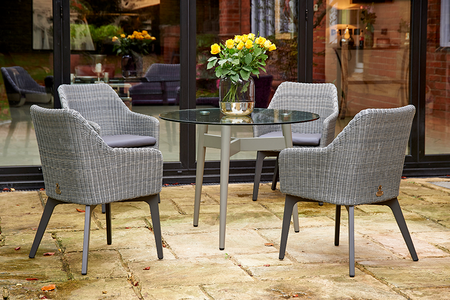 100cm Henley Glass & Aluminium Round Dining Table with 4 Cliveden Dining Armchairs