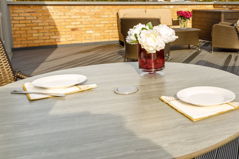 122cm Windsor Bronze Round Dining Table with 6 Stacking Armchairs