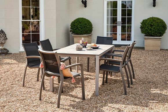 160cm Paris Volcano/Grey Rectangular Dining Table with 6 Volcano/Black Stacking Armchairs