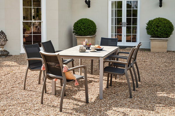 160cm Paris Volcano/Grey Rectangular Dining Table with 6 Volcano/Black Stacking Armchairs