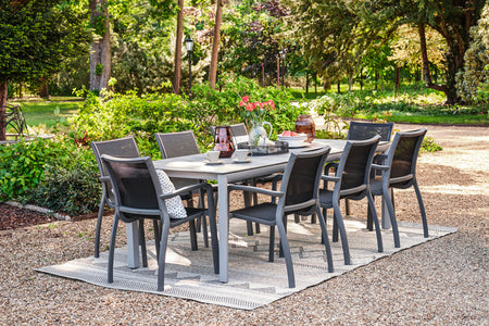 220cm Paris Volcano/Grey Rectangular Dining Table with 8 Volcano/Black Stacking Armchairs