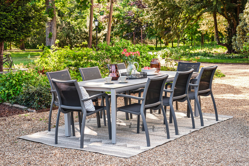 220cm Paris Volcano/Grey Rectangular Dining Table with 8 Volcano/Black Stacking Armchairs