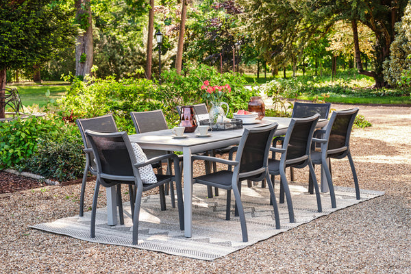 220cm Paris Volcano/Grey Rectangular Dining Table with 8 Volcano/Black Stacking Armchairs