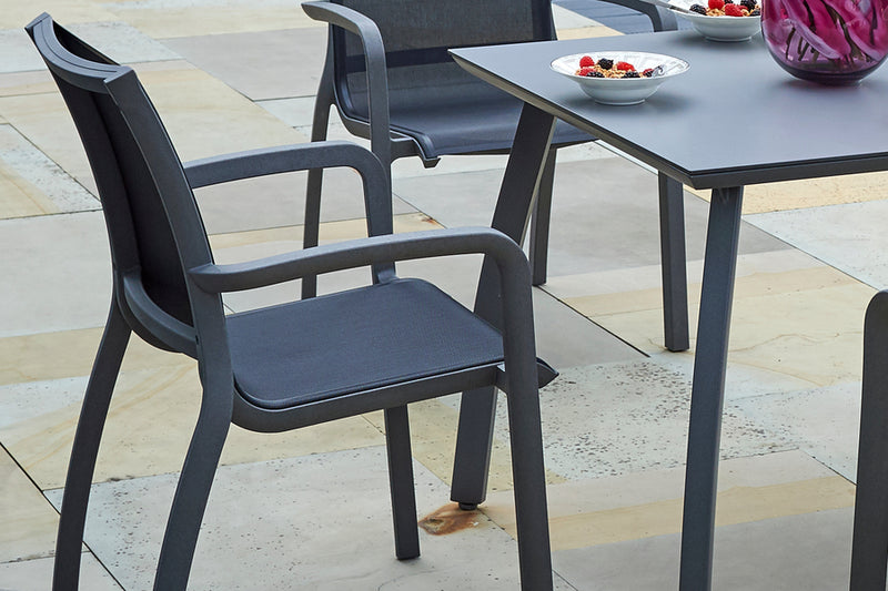 90cm Paris Volcano/Grey Square Dining Table with 4 Volcano/Black Stacking Armchairs