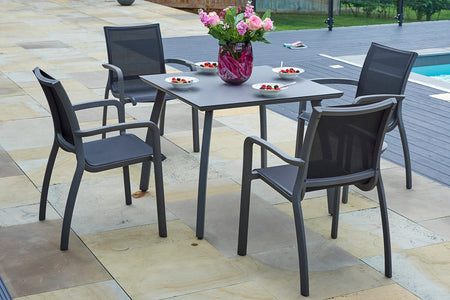90cm Paris Volcano/Grey Square Dining Table with 4 Volcano/Black Stacking Armchairs