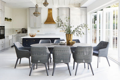 220cm Henley Porcelain Slate & Aluminium Oval Dining Table with 8 Cliveden Dining Armchairs