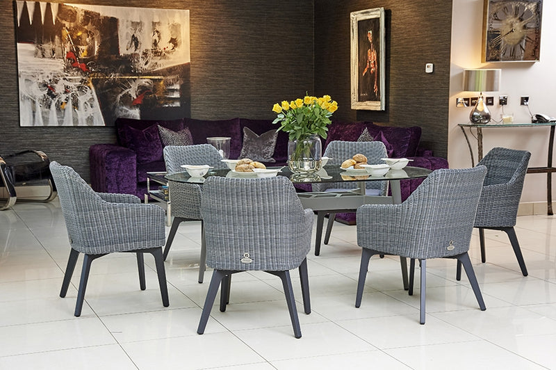 180cm Henley Glass & Aluminium Oval Dining Table with 6 Cliveden Dining Armchairs